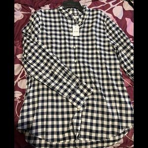 Navy and white checkered shirt.